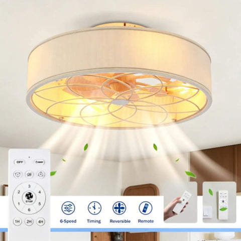 Yunstore mathishome Fabric-Style Bladeless Ceiling Fan with Remote Control showing 16.6 inch design and light features.