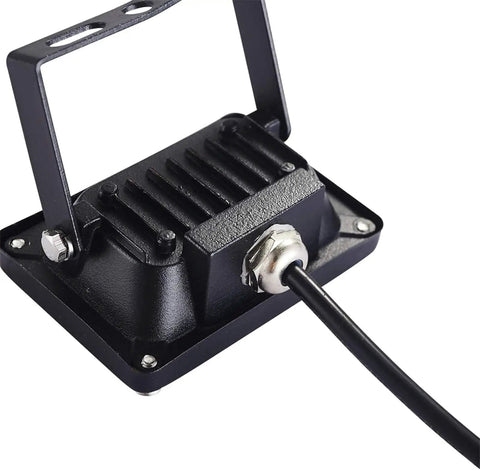 Close-up view of JUDYSSY 10W Led Flood Lights mounting base with heat dissipation fins and power cable for Dc 12-24V Security Lighting.