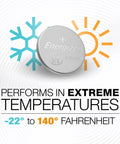 Heavy Hitters Cr2032 3V Lithium Coin Batteries 10 Pack shown with temperature symbols, showcasing durability in extreme conditions.