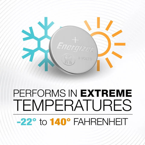 Heavy Hitters Cr2032 3V Lithium Coin Batteries 10 Pack shown with temperature symbols, showcasing durability in extreme conditions.