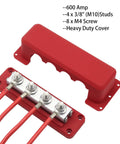 Top Grade Heavy Copper Bus Bar With Built Tough 600 Amp Power Distribution Block and Zero Fuss Surface Mount Battery Terminal Junction For Direct Current, red cover, M10 studs.