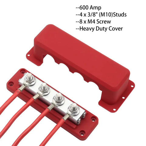 Top Grade Heavy Copper Bus Bar With Built Tough 600 Amp Power Distribution Block and Zero Fuss Surface Mount Battery Terminal Junction For Direct Current, red cover, M10 studs.
