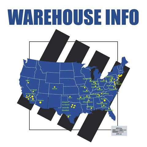 Warehouse location map in the USA with highlighted points for distribution centers and geographical details.