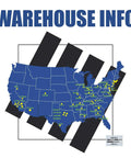 Map showing warehouse locations across the USA with yellow dots and blue background representing logistics distribution.
