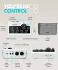 On-The-Go Podcast Kit For iPhone And Android with USB audio interface featuring input gain dials and various input ports.