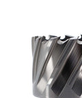2-inch annular cutter with sharp spiral teeth and metallic steel finish, front view