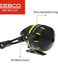 Zebco 606 reel with dial-adjustable drag and all-metal gears, part of Big Cat Spincast Gear 7 Foot Two Piece Telescopic Rod Kit.