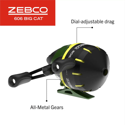 Zebco 606 reel with dial-adjustable drag and all-metal gears, part of Big Cat Spincast Gear 7 Foot Two Piece Telescopic Rod Kit.