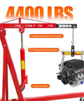 Grease Monkey Approved Heavy Duty Folding Hydraulic Engine Hoist Two Ton Cherry Picker Crane showing adjustable boom lengths and 8-ton pump.