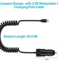 Car Charger Adapter With PD 30W USB C And 18W USB A Dual Fast Charge 2.8Ft Coiled Cable, compact design, black, with measurements