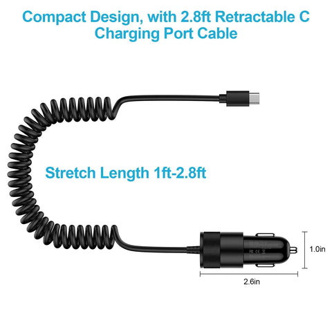 Car Charger Adapter With PD 30W USB C And 18W USB A Dual Fast Charge 2.8Ft Coiled Cable, compact design, black, with measurements