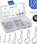 Heavy Duty Pro Grade R Type Cotter Pin Kit With Six Sizes In Galvanized Carbon Steel 100 Piece Set For Tractor And Automotive Repairs organized case