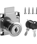 Heavy Duty Zinc Alloy Drawer Lock With Chrome Finish And Matching Screws, includes lock cylinder and two keys.