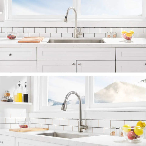 Kitchen with Brushed Nickel Kitchen Faucet With Pull Down Sprayer, Stainless Steel Modern High Arc Single Lever, One Hole Install.