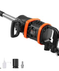 Professional Grade One Inch Air Impact Wrench Built Like A Tank To Handle Heavy Duty Tasks With 5175 Foot Pounds Breakaway Torque For Semi Trucks Buses And Shop Floor Mechanics Featuring An Eight Inch Extended Reach Anvil shown with accessories.