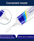 Waterproof Quick Dry Super Strong Shoe Glue with precision needle tip, white cap, clear formula bottle close-up