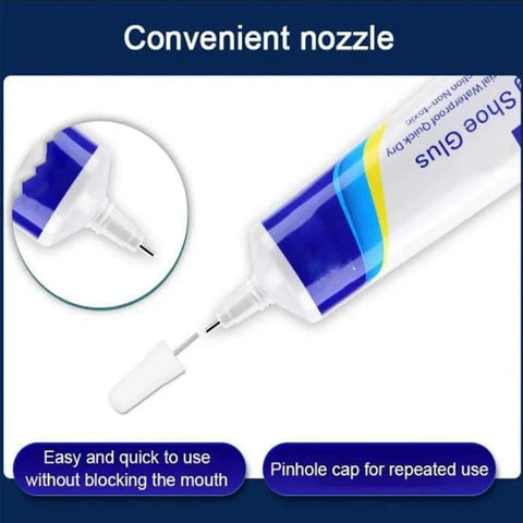 Waterproof Quick Dry Super Strong Shoe Glue with precision needle tip, white cap, clear formula bottle close-up