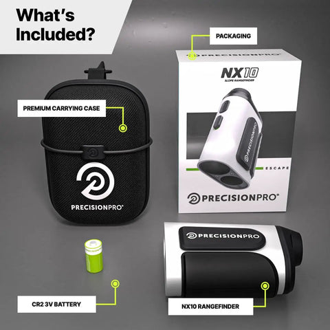 NX10 Golf Rangefinder With Adaptive Slope And Pulse Vibration Feedback, 6X Zoom, Flag Lock, box, carrying case, battery