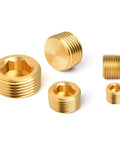 Brass Pipe Plug Set 25 Pieces Pro Grade Internal Hex Thread NPT Fittings In 1/8, 1/4, 3/8, 1/2, 3/4 Inch Sizes displayed on a white background