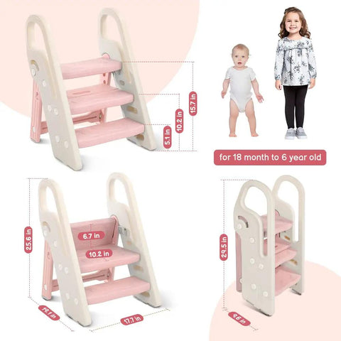 Pretty Darn Versatile Foldable Toddler Step Stool For Bathroom Sink And Kitchen Counter With Adjustable Height Settings And Safe Handles To Make Potty Training An Absolute Dream For Growing Kids In Soft Pink, showing dimensions and angles.