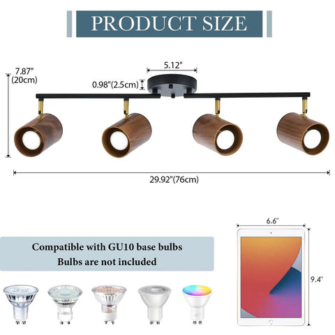 Modern 4 Light Track Lighting Kit With Dope Matte Black Finish And Natural Wood Lampshades Flexible 350 Degree Rotatable Heads Ceiling Light Fixture For Kitchen Hallway And Living Room Industrial Style Illumination