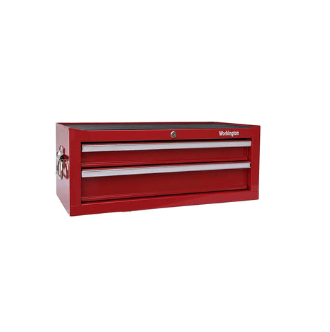 Industrial Two Drawer Portable On The Go Metal Tool Chest Cabinet 26 Inch Wide Middle Box with Ball Bearing Drawer Slides Central Cam Lock Steel Tool Storage Organizer Red