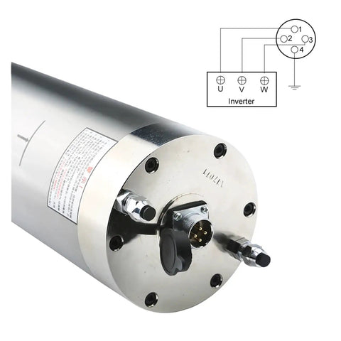Beefy 7.5KW Water Cooled CNC Spindle Motor ER25 for Metal Milling and Engraving, rear view with connectors and wiring diagram.