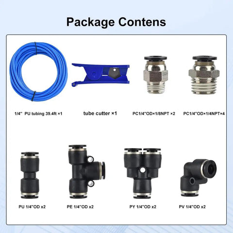 Blue PU Air Line Tubing Kit With One Quarter Inch OD And One Sixth Inch ID 39.4 Feet 12 Meters Includes 14 Fittings And Pipe Cutter