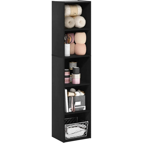 Open Shelf Bookcase For Living Room, Bedroom, And Home Office With Easy Assembly And No Fuss Setup, filled with decor and baskets