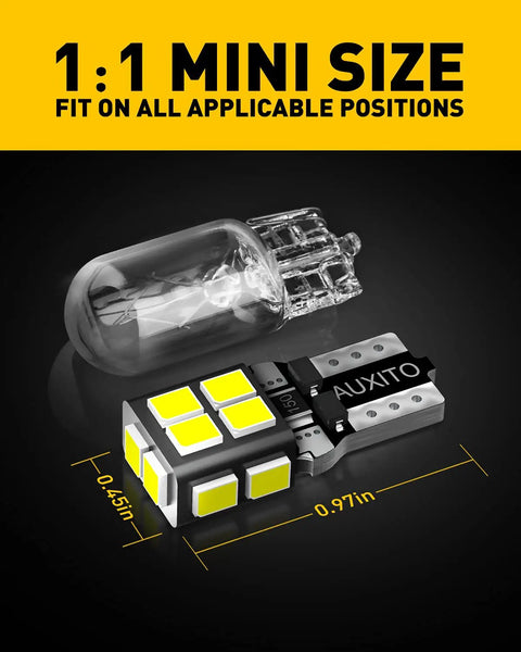 194 LED Bulbs 6000K White 14-SMD W5W T10 comparison with standard bulb, dimensions 0.97x0.45 inches displayed.