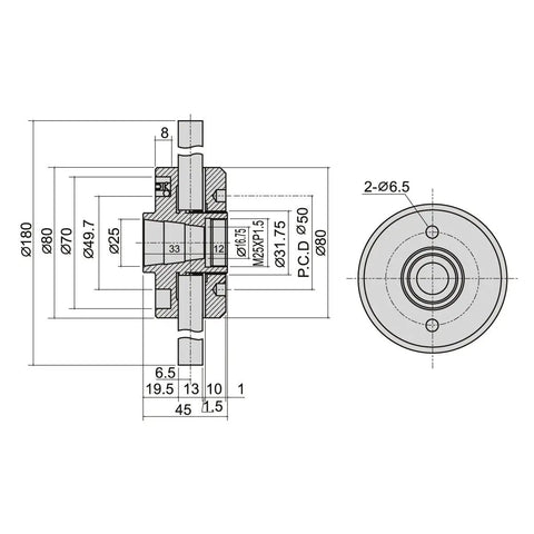 Technical drawing of F450 Grinding Wheel Adapter For US Standard Cylindrical Grinders, side and face view with specifications.