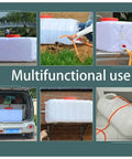 Collage of versatile portable water tank for schools, hotels, train stations, suitable for various uses and spill-free operation