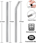 12 Inch Stainless Steel Straws Replacement Set, Four Pack, with cleaning brush, bent and straight, durable, BPA-free, dishwasher safe.