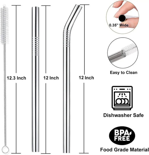 12 Inch Stainless Steel Straws Replacement Set, Four Pack, with cleaning brush, bent and straight, durable, BPA-free, dishwasher safe.
