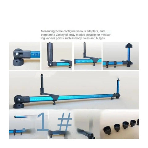 Close-up of 2D Measuring Gauge For Sheet Metal Repair And Vehicle Frame Straightening with adapters and ruler display.