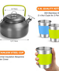 16-Piece Camping Cookware Set With Folding Stove Nonstick Lightweight Pots And Pans Kettle Cups Plates Forks Knives Spoons for Camping Backpacking Hiking Outdoor Picnics kettle and cups with colorful sleeves.