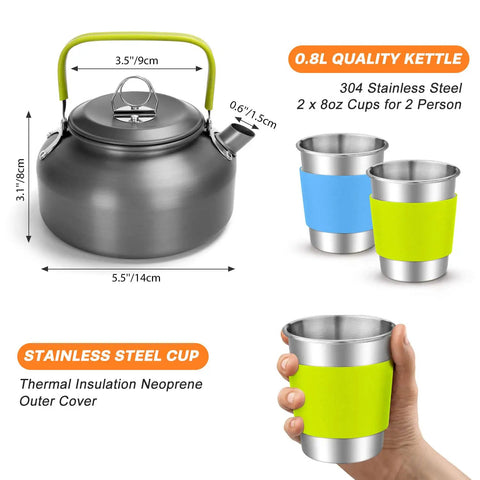 16-Piece Camping Cookware Set With Folding Stove Nonstick Lightweight Pots And Pans Kettle Cups Plates Forks Knives Spoons for Camping Backpacking Hiking Outdoor Picnics kettle and cups with colorful sleeves.