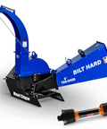 6 Inch 3 Point PTO Wood Chipper For 40-100 HP Tractors Heavy Duty Mulcher With 30 Inch Rotor And Reversible Blades Category 1 And 2 Hitch Rugged Lawn And Farm Debris Shredder For Yard Cleanup with visible chipper chute and drive shaft