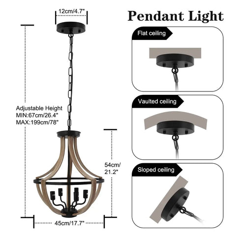 Five Light Geometric Rustic Farmhouse Pendant Light with adjustable chain and wood grain finish for various ceiling types