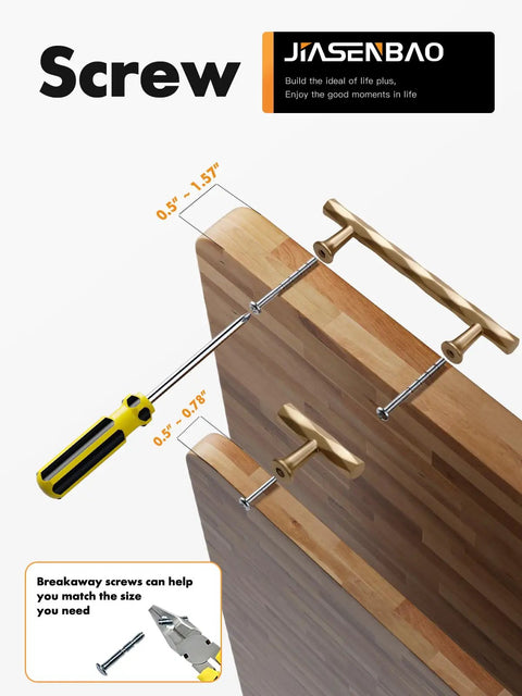 Champagne Bronze Cabinet Pulls 5 Inch Hole Center 10 Pack installed on wooden board with screwdriver