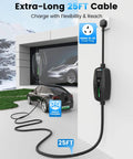 Straight Up Heavy Duty Nema 10 30 Level 2 EV Charger With Rock Solid Nacs Connector And Smooth 10 To 24 Amp Dial For Hassle Free Tesla Home Charging That Just Works Across Ford Gm And Rivian Models Today with a 25FT cable plugged into a wall-mounted outlet.