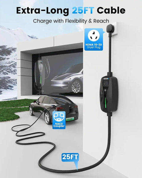 Straight Up Heavy Duty Nema 10 30 Level 2 EV Charger With Rock Solid Nacs Connector And Smooth 10 To 24 Amp Dial For Hassle Free Tesla Home Charging That Just Works Across Ford Gm And Rivian Models Today with a 25FT cable plugged into a wall-mounted outlet.