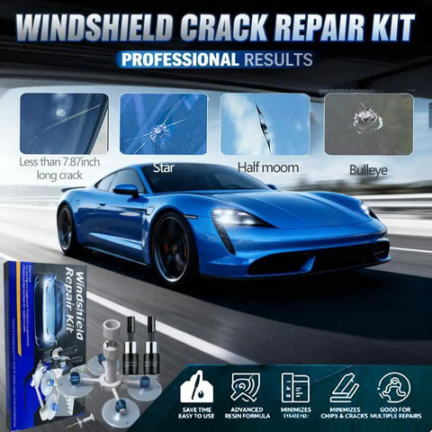 Fast Acting Windshield Repair Kit With Nano Glass Repair Fluid For Chips And Cracks, Quick Fix For Small Dings In 5 To 20 Minutes, Blue Nano Repair Liquid, Auto Windshield Repair Tool, No Mixing Required shown with car and repair components
