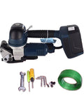 Heavy Duty Electric Strapping Machine DD19A For PET Plastic And Steel Belt with accessories and green banding strap.