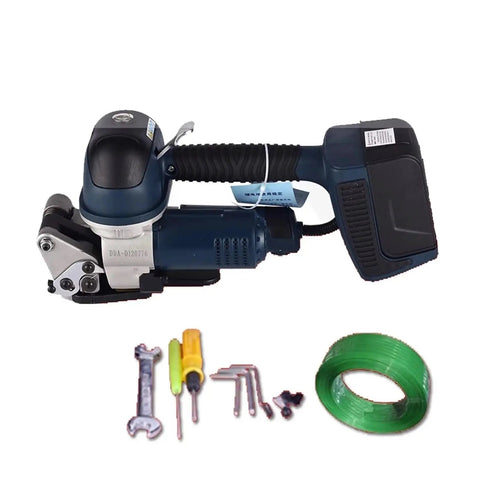 Heavy Duty Electric Strapping Machine DD19A For PET Plastic And Steel Belt with accessories and green banding strap.