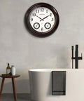 24 Inch Self Illuminated Outdoor Clock With Weather Station Thermometer And Hygrometer Waterproof Metal Clock In Oil Rubbed Bronze Finish Modern Farmhouse Style Night Light Auto Brightness Sensor mounted on bathroom wall.