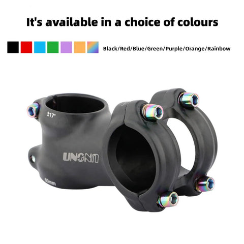 Black bike stem with colorful bolt options displayed above.