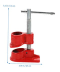 Built Tough Woodworking Pipe Clamp Set Half Inch Quick Release Cast Iron Clamps 2 Piece Kit for Woodworking and Glue Ups Heavy Duty Home Shop Must Have, showing red cast iron clamp front view with dimensions.