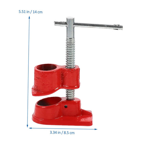 Built Tough Woodworking Pipe Clamp Set Half Inch Quick Release Cast Iron Clamps 2 Piece Kit for Woodworking and Glue Ups Heavy Duty Home Shop Must Have, showing red cast iron clamp front view with dimensions.