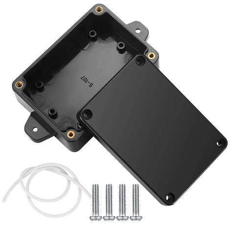 Rugged Outdoor Electrical Junction Box 4 Pack, IP65 Waterproof ABS Plastic Project Case with opened lid, screws, and seal visible.